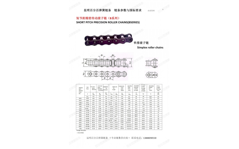 昆明百分百弹簧链条传动滚子链条规格表2---B系列链条